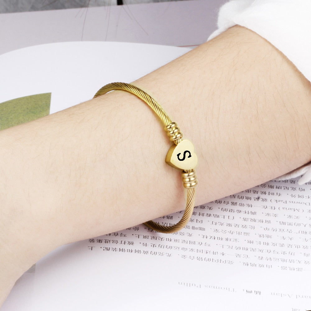 Initial Bracelets For Women with Letter in Gold Color Stainless Steel Heart