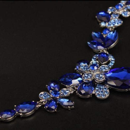 Wedding Jewelry Luxury Big Blue Flower Crystal Jewelry Set for Bridal Statement Accessories