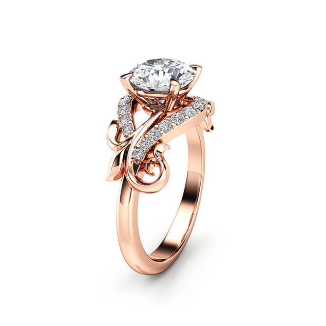 Engagement Jewelry Luxury Rose Gold Flower Cubic Zircon Solitaire Ring