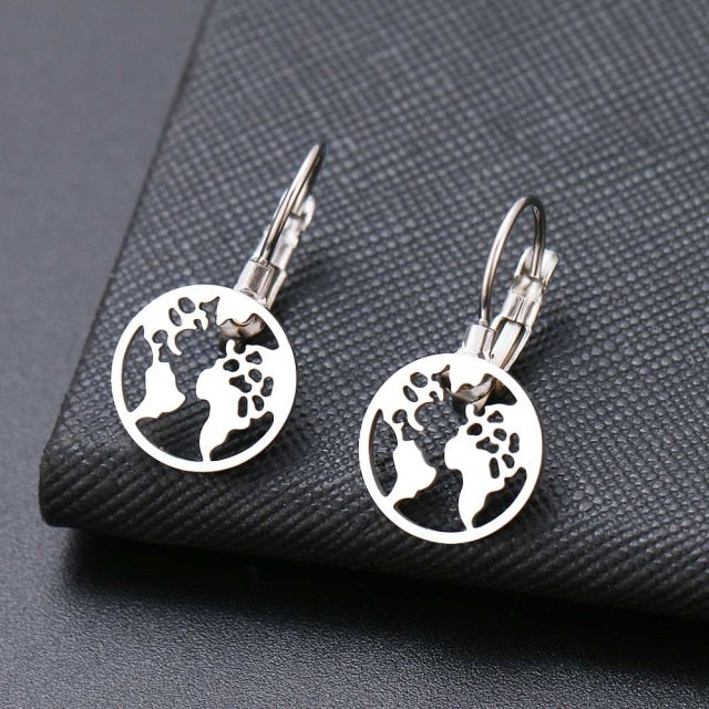 Stainless Steel Jewelry World Map Dangle Earrings For Women in Gold Color and Silver Color