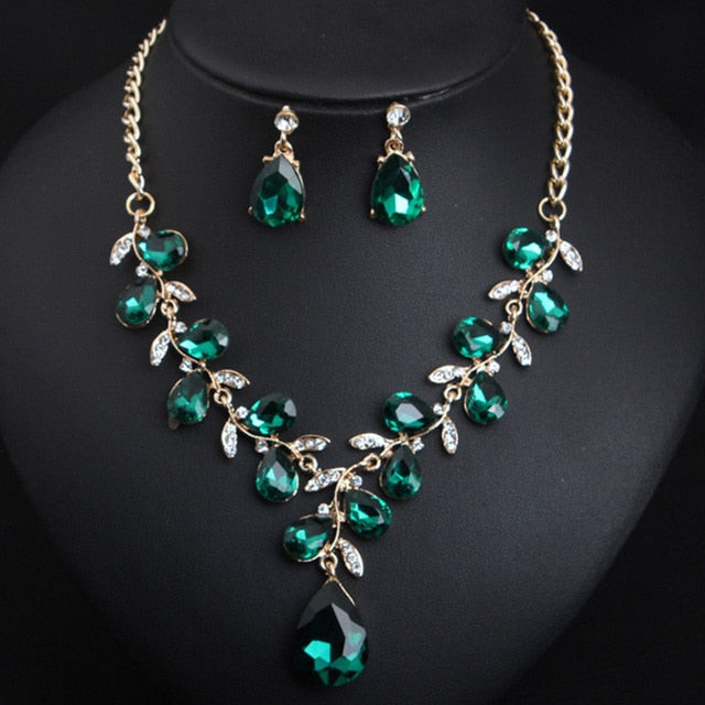 Trendy Jewelry Delicate Green Leaf Crystal Jewelry Set for Women Costume Accessories