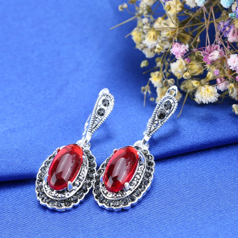 Boho Jewelry Red Stone Jewelry Set for Women with Zircon in Silver Color