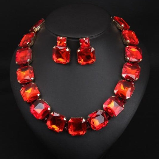 Bohemian Jewelry Geometric Red Square Radiant Cut Crystal Jewelry Set for Women