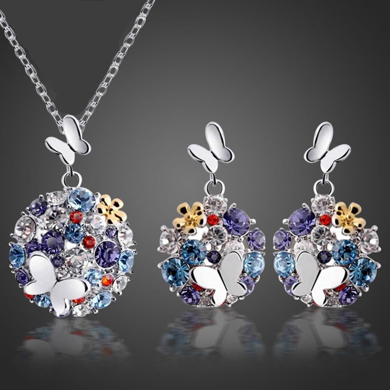 Bohemian Jewelry Romantic Multi-Color Butterfly Austrian Crystal Jewelry Set for Women