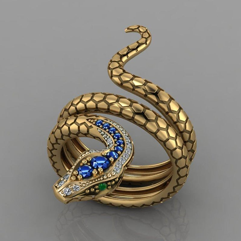 Fashion Jewelry Creative Snake Rings for Women with Blue Zircon in Gold Color