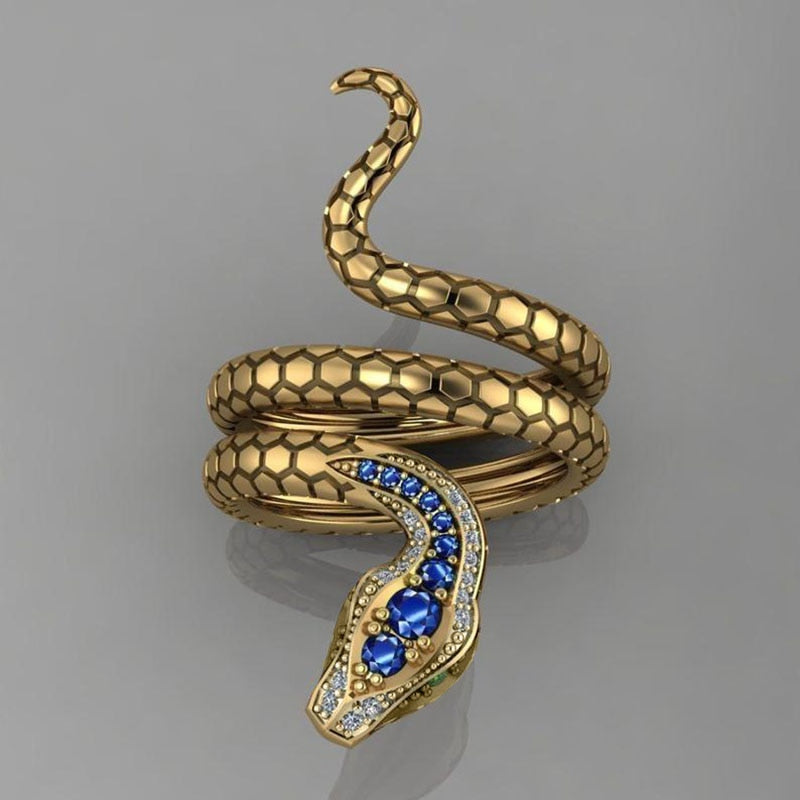 Fashion Jewelry Creative Snake Rings for Women with Blue Zircon in Gold Color