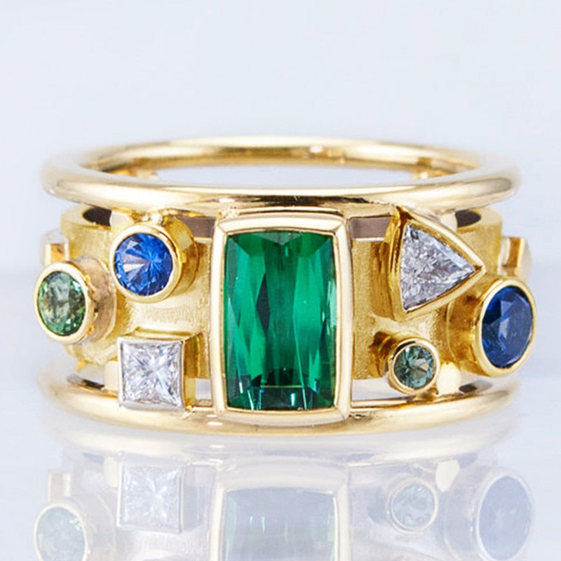 Fashion Jewelry Geometric Colorful Zircon Ring for Women in Gold Color