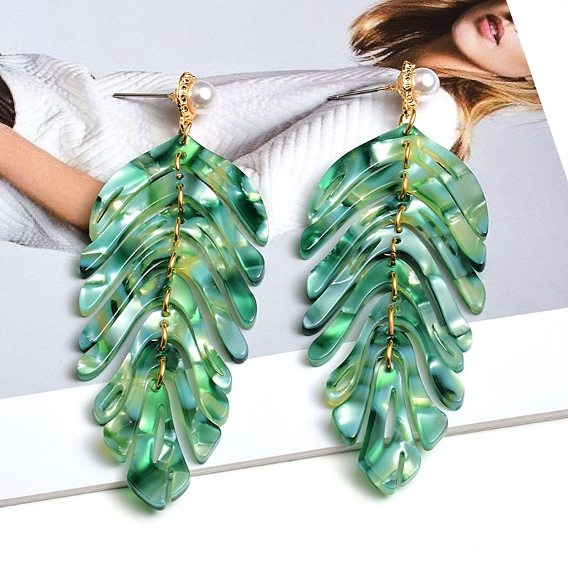 Statement Jewelry Exaggerated Green Leaf Acrylic Drop Earrings for Women