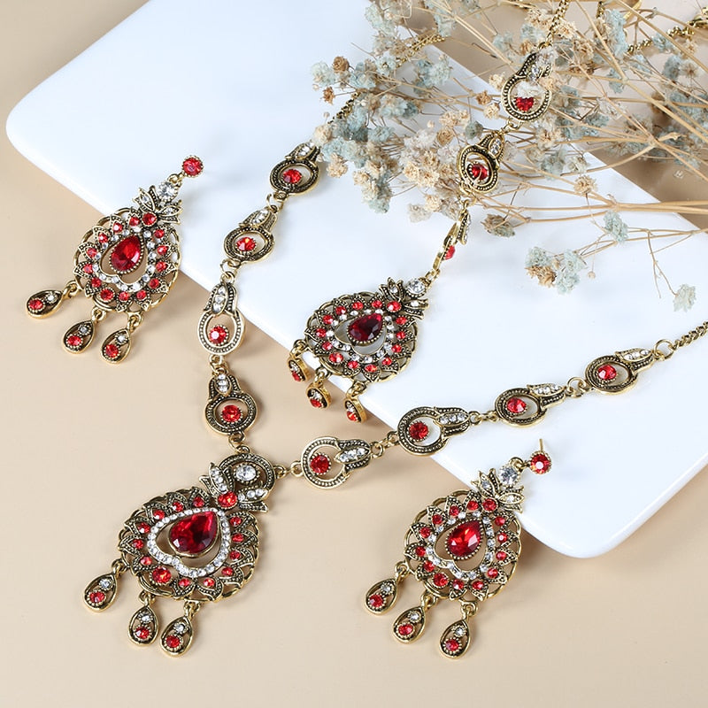 India Jewelry Mosaic  Red Crystal Jewelry Set for a Friend with Zircon in Gold Color