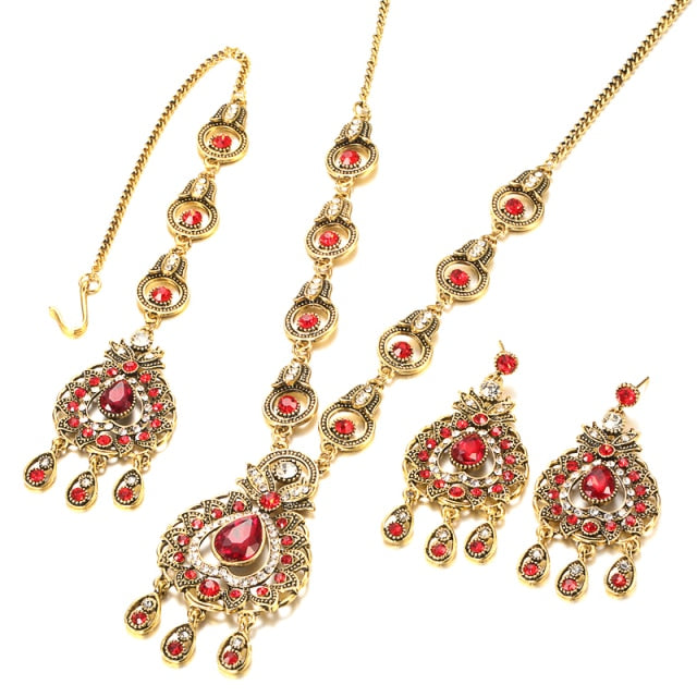 India Jewelry Mosaic Red Crystal Jewelry Set for a Friend with Zircon in Gold Color
