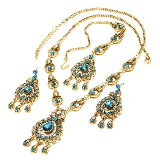 India Jewelry Mosaic  Blue Crystal Jewelry Set for a Friend with Zircon in Gold Color