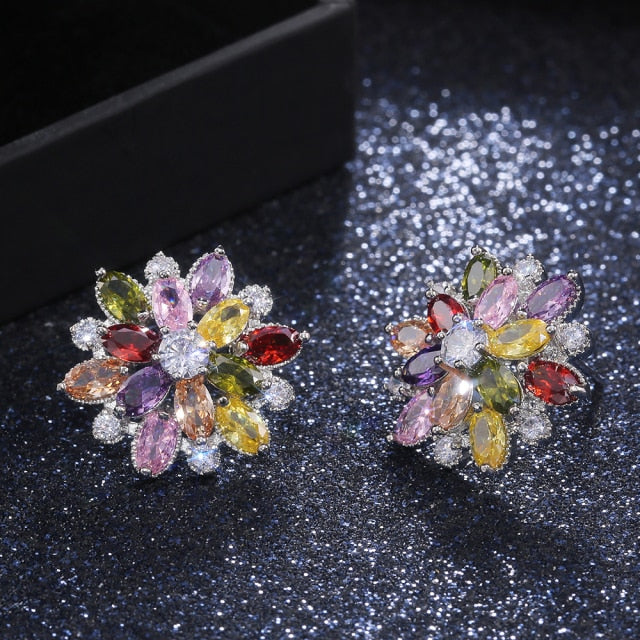 Fashion Jewelry Double Layer Flower Stud Earrings for Women with Cubic Zirconia