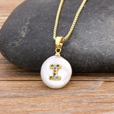 Natural Freshwater Pearl Necklace with Initial A-Z for Women in Gold Color