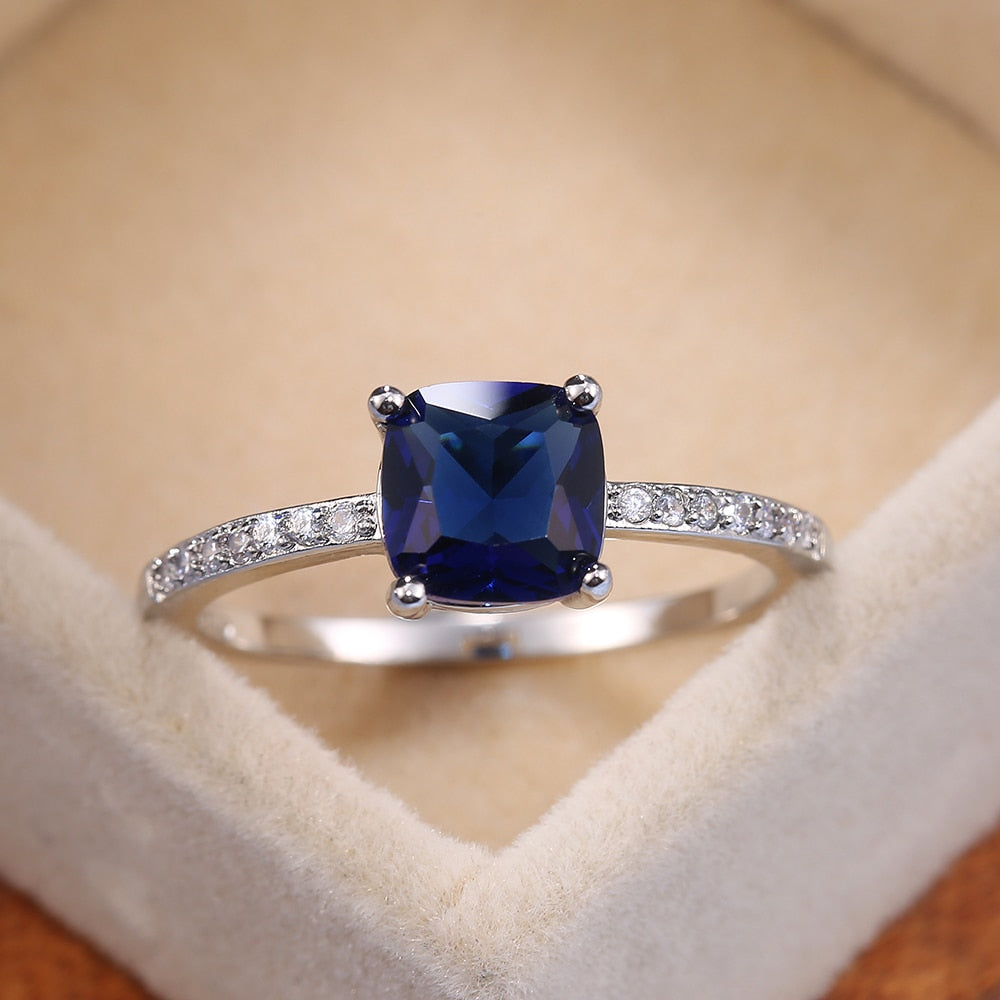 Engagement Jewelry Simple Blue Radiant Cut Cubic Zircon Solitaire Ring