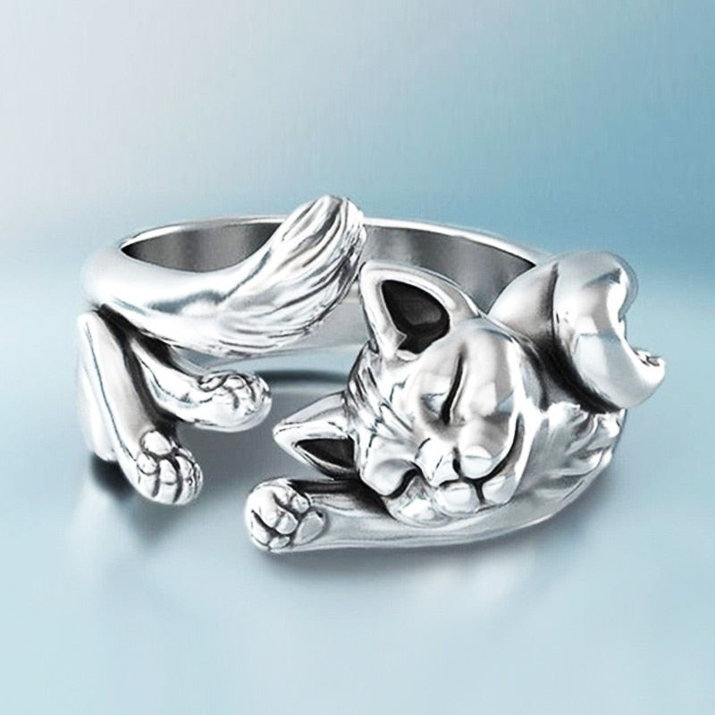 Animal Jewelry Cute Fortune Cat Opening Rings for Women in Silver Color