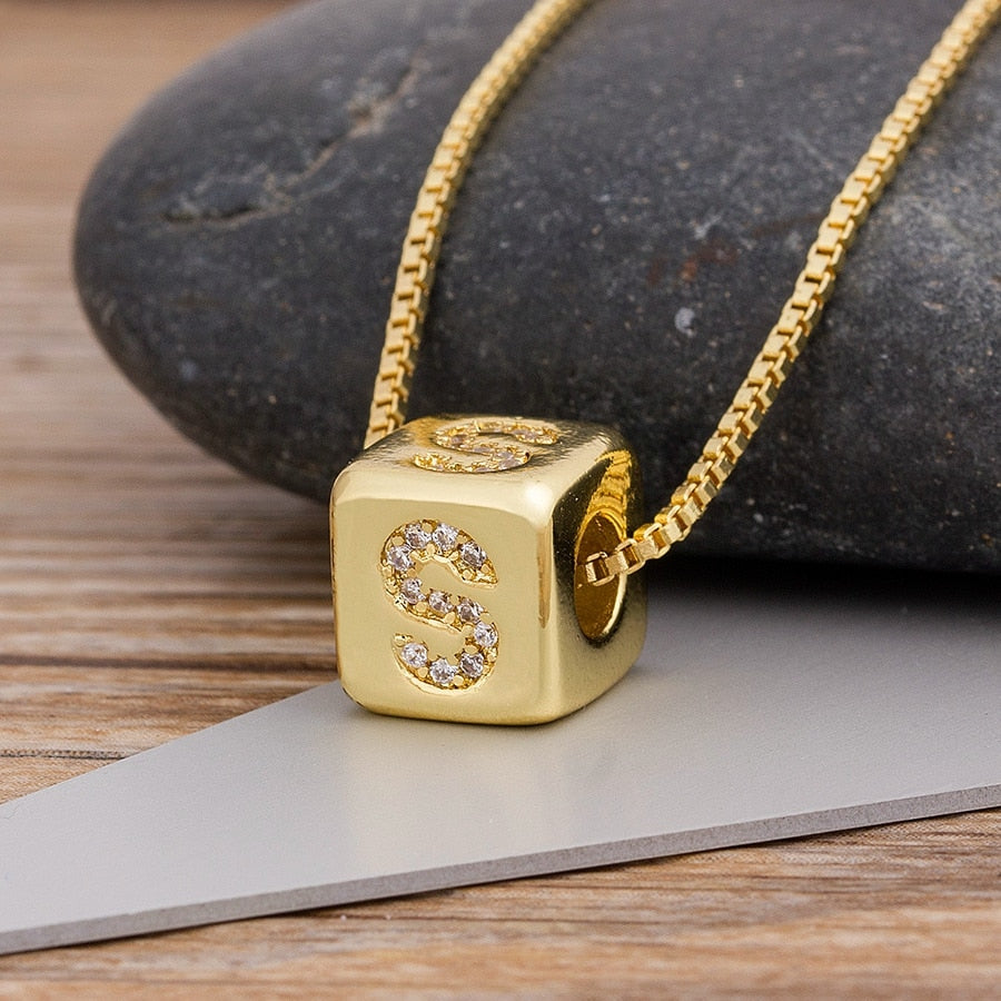 Copper Cube Necklace with Initial A-Z for Women and Men in Gold Color