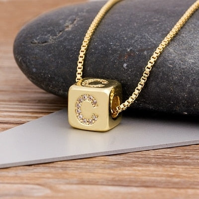 Copper Cube Necklace with Initial A-Z for Women and Men in Gold Color