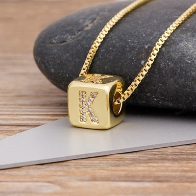 Copper Cube Necklace with Initial A-Z for Women and Men in Gold Color