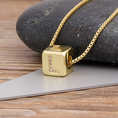 Copper Cube Necklace with Initial A-Z for Women and Men in Gold Color