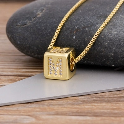 Copper Cube Necklace with Initial A-Z for Women and Men in Gold Color