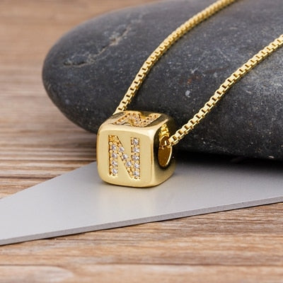 Copper Cube Necklace with Initial A-Z for Women and Men in Gold Color