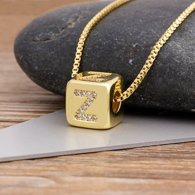 Copper Cube Necklace with Initial A-Z for Women and Men in Gold Color