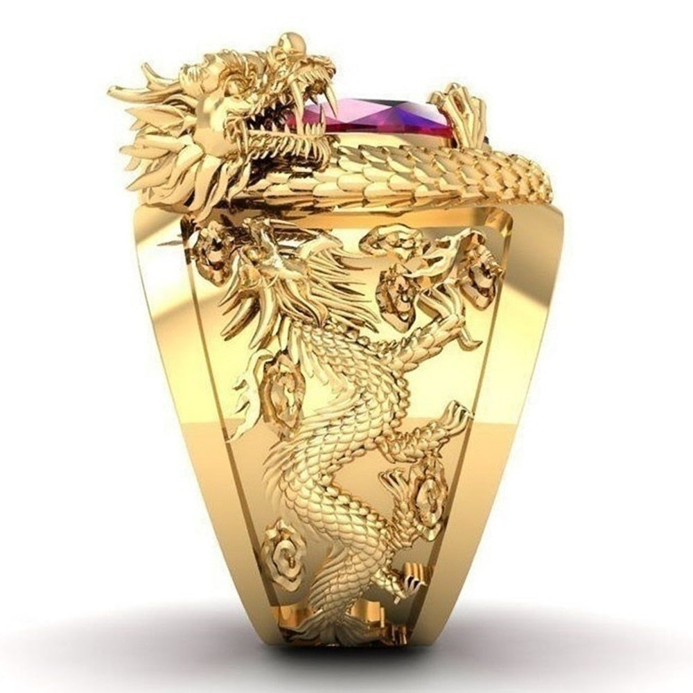 Trendy Jewelry Chinese Dragon Band Rings for Men with Red Zircon in Gold Color