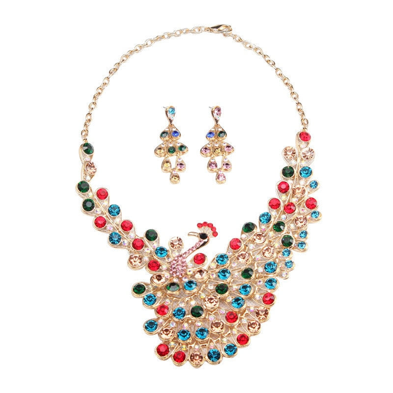 Wedding Jewelry Peacock Multi Color Crystal Jewelry Set for Bridal