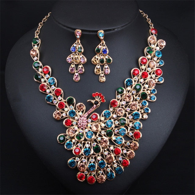 Wedding Jewelry Peacock Multi Color Crystal Jewelry Set for Bridal