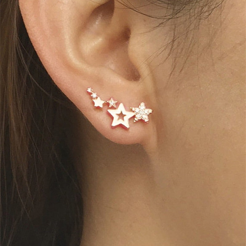 Hip Hop Jewelry Simple Stylish Stars Stud Earrings for Women with Zircon in Silver Color