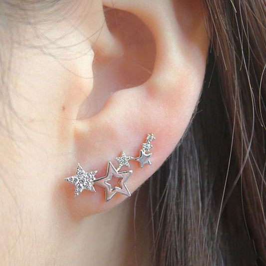 Hip Hop Jewelry Simple Stylish Stars Stud Earrings for Women with Zircon in Silver Color