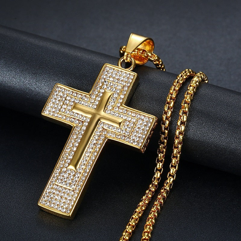 Hip Hop Jewelry Large Cross Pendant Necklaces with Rhinestone in Gold Color
