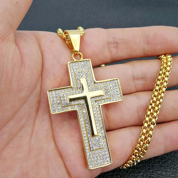 Hip Hop Jewelry Large Cross Pendant Necklaces with Rhinestone in Gold Color
