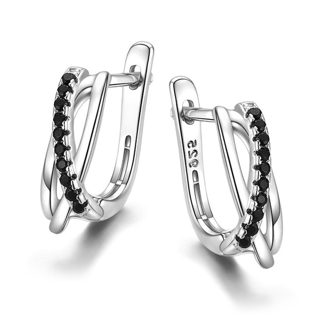 Fashion Jewelry Cross Hoop Earrings for Women with Black Zircon in 925 Sterling Silver