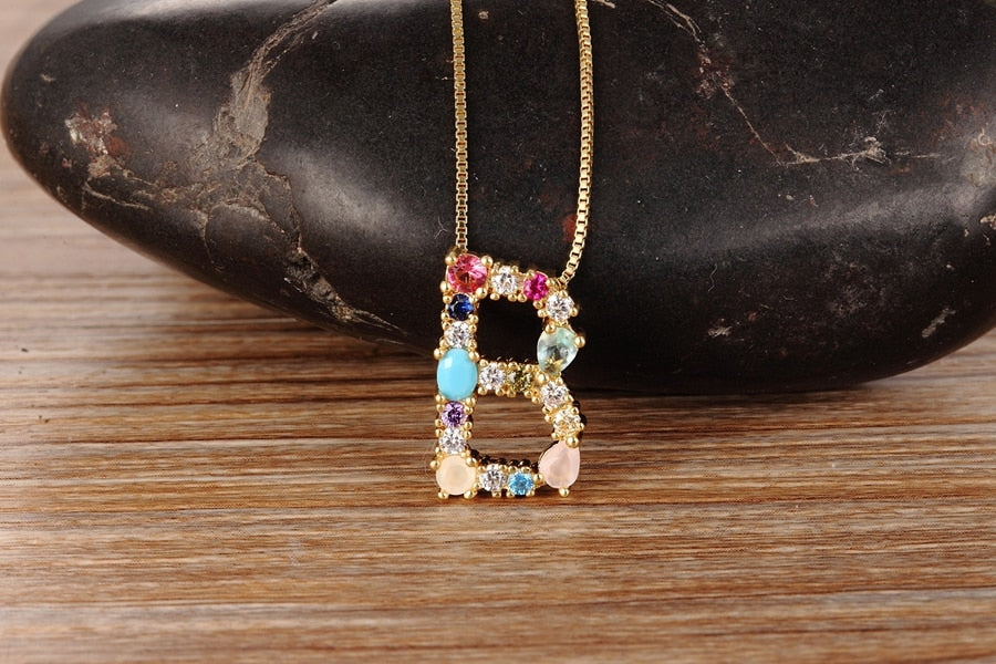 Rainbow Gemstone Necklace with Initial A-z for Women in Gold Color