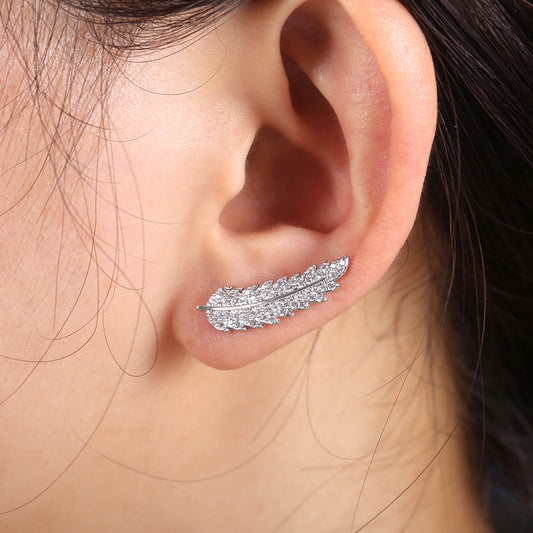 Fashion Jewelry Luxury Leaf Stud Earrings for Women with Zircon in Silver Color