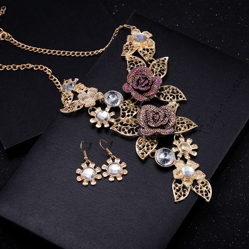 Wedding Jewelry Fashion Purple Multilayer Crystal Jewelry Set for Bridal Statement Accessories