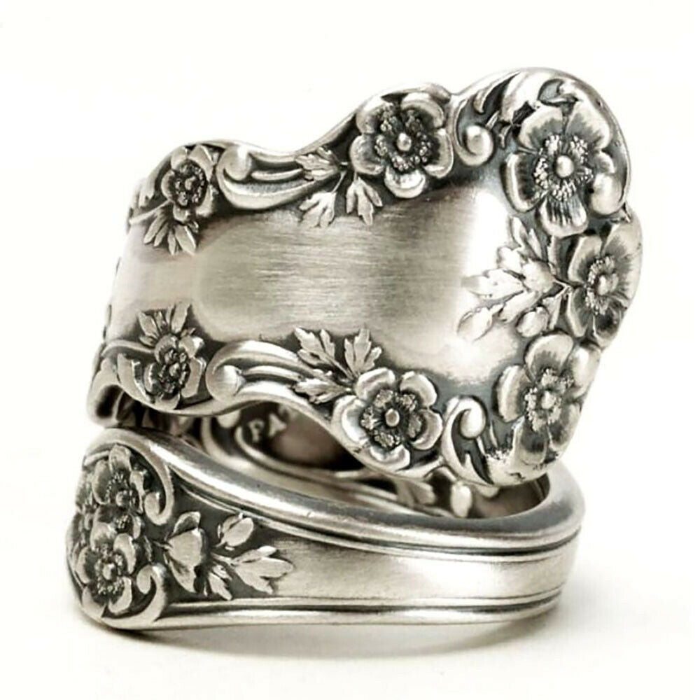 Vintage Jewelry Graceful Engraved Flower Ring for Women in Antique Silver Color