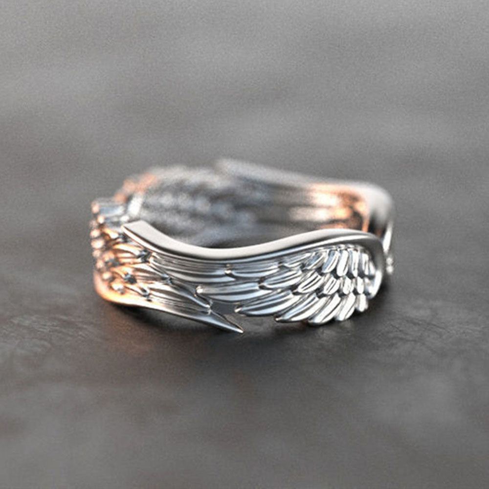 Trendy Jewelry Exaggerated Antique Silver Color Angel Wings Metal Band Ring