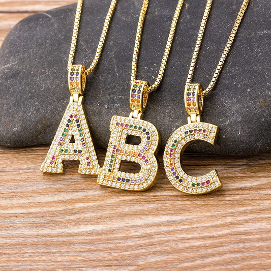 Micro Pave Rainbow Pendant Necklace with Initial A-Z Zircon in Gold Color