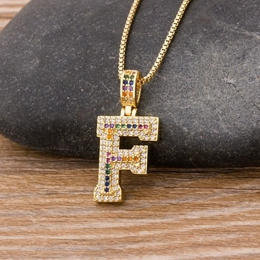 Micro Pave Rainbow Pendant Necklace with Initial A-Z Zircon in Gold Color