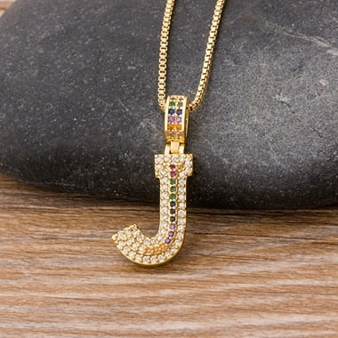 Micro Pave Rainbow Pendant Necklace with Initial A-Z Zircon in Gold Color