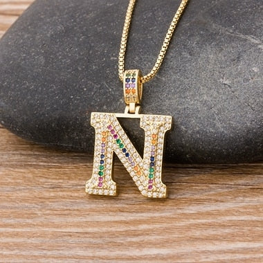 Micro Pave Rainbow Pendant Necklace with Initial A-Z Zircon in Gold Color