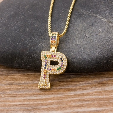 Micro Pave Rainbow Pendant Necklace with Initial A-Z Zircon in Gold Color