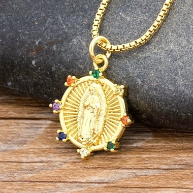 Virgin Mary Pendant Necklace for Women with Zircon in Gold Color