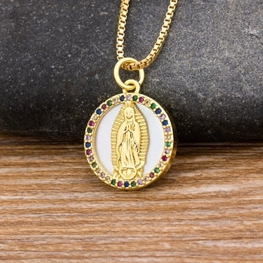 Virgin Mary Pendant Necklace for Women with Zircon in Gold Color