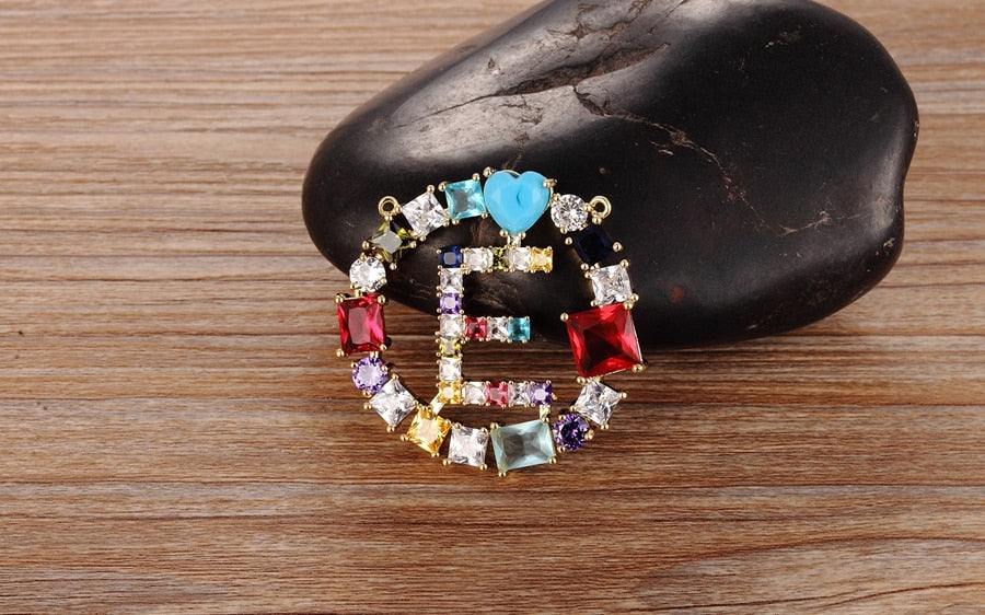Colorful Stone Initials Necklace with Initial A-Z Zirconia in Silver Color