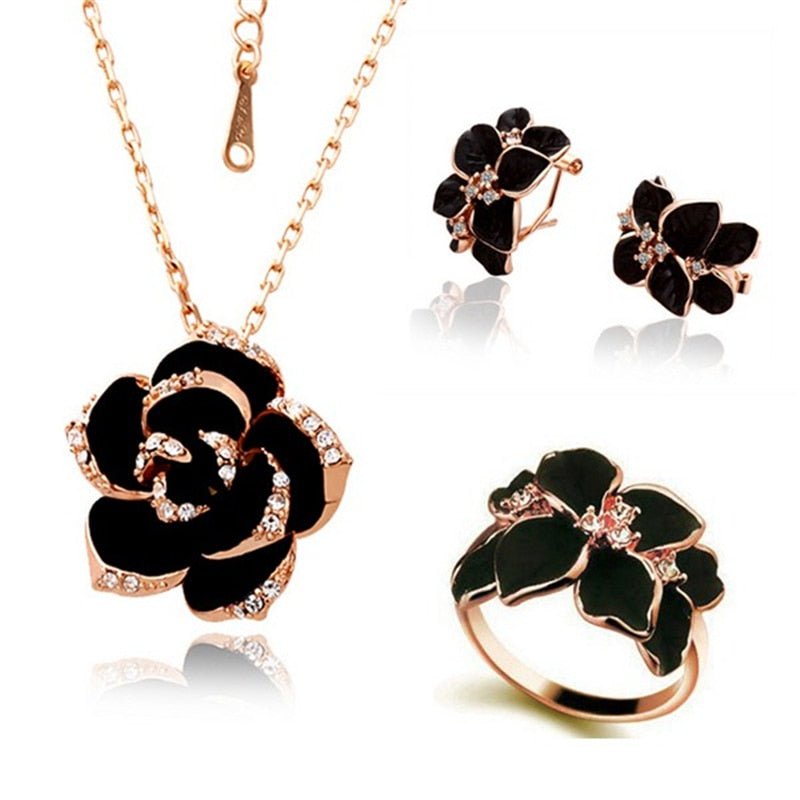 Vintage Jewelry Black Roses Jewelry Set for a Friend with Zircon in Gold Color