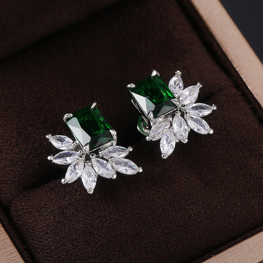 Dainty Cubic Zirconia Flower Stud Earrings for Women with Radiant cut Stone