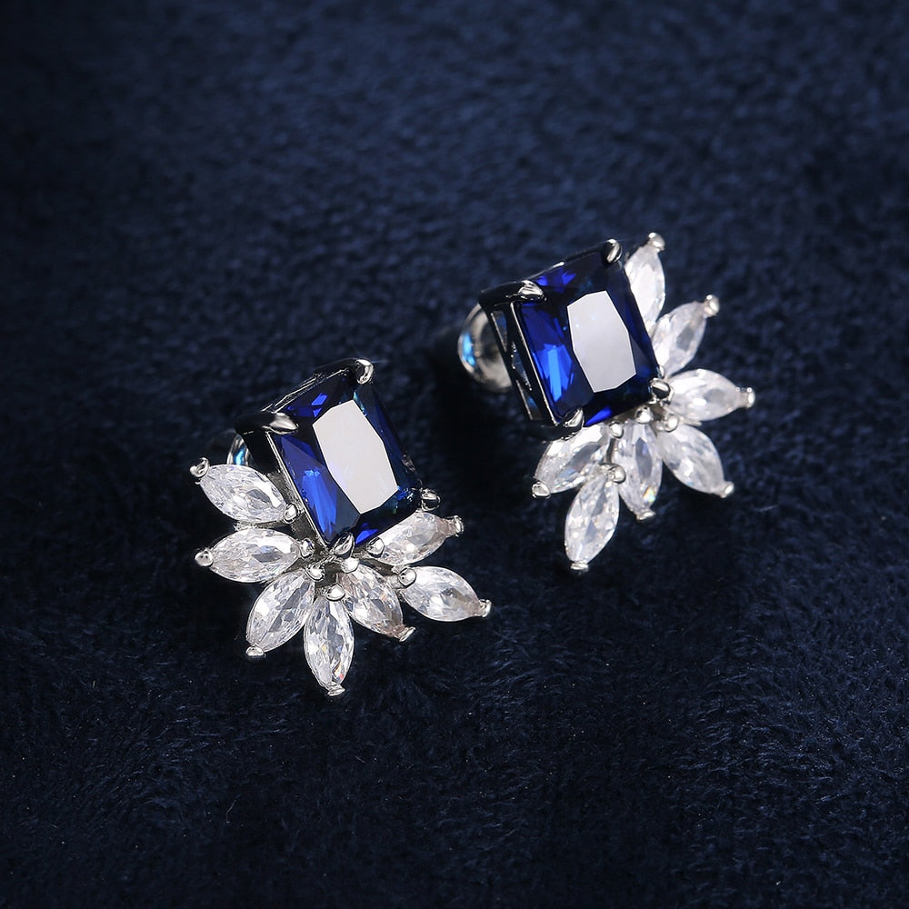Dainty Cubic Zirconia Flower Stud Earrings for Women with Radiant cut Stone